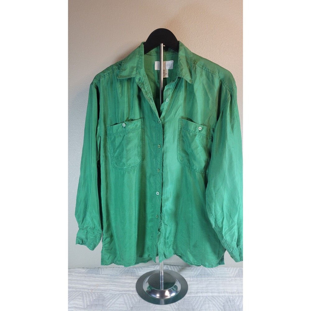 Bogari 100% Silk‎ Button Down Shirt Green Long Sleeve Pockets Small Vintage Y2K - Picture 5 of 9